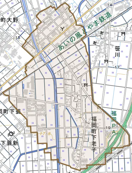 下老子とその周辺の地図。町の範囲を重ねている