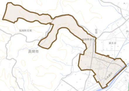 赤丸とその周辺の地図。町の範囲を重ねている