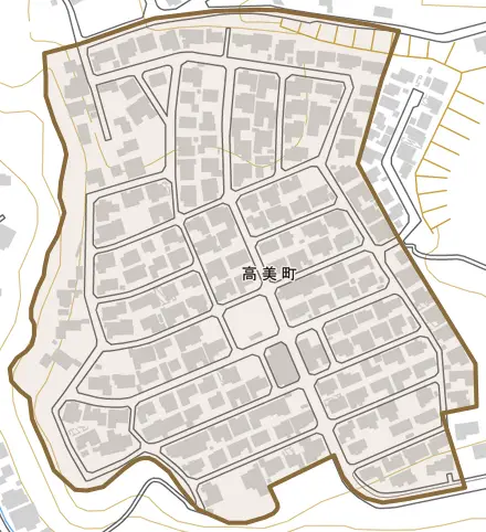 高美町とその周辺の地図。町の範囲を重ねている