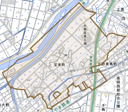 宝来町とその周辺の地図。町の範囲を重ねている