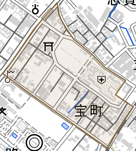宝町とその周辺の地図。町の範囲を重ねている