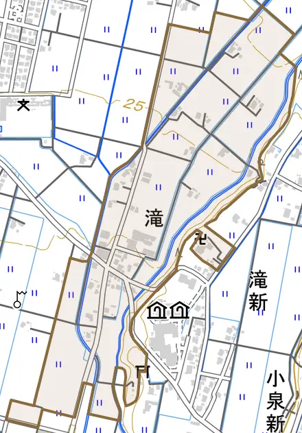 滝とその周辺の地図。町の範囲を重ねている