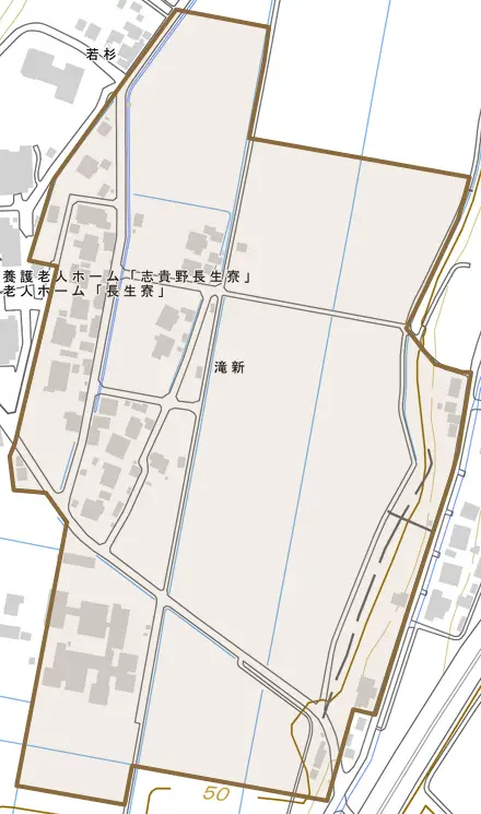 滝新とその周辺の地図。町の範囲を重ねている