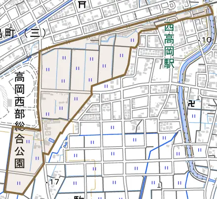 立野とその周辺の地図。町の範囲を重ねている