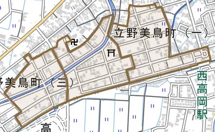 立野美鳥町とその周辺の地図。町の範囲を重ねている