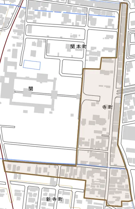 寺町とその周辺の地図。町の範囲を重ねている