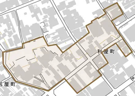 利屋町とその周辺の地図。町の範囲を重ねている
