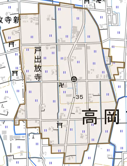 戸出放寺とその周辺の地図。町の範囲を重ねている