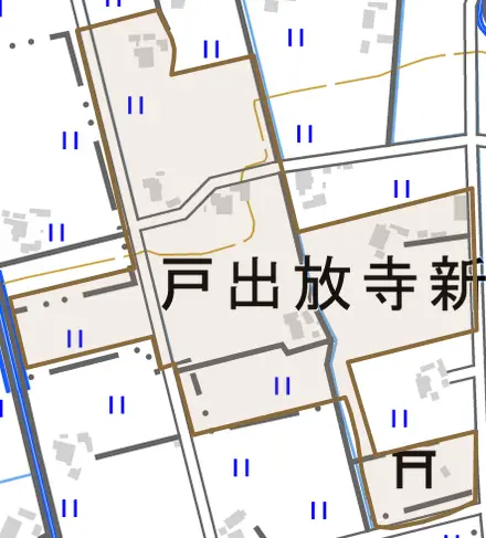 戸出放寺新とその周辺の地図。町の範囲を重ねている
