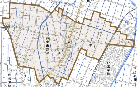 戸出市野瀬とその周辺の地図。町の範囲を重ねている