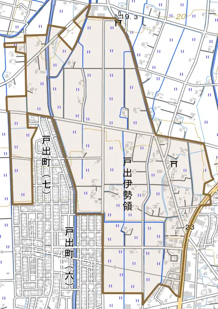 戸出伊勢領とその周辺の地図。町の範囲を重ねている