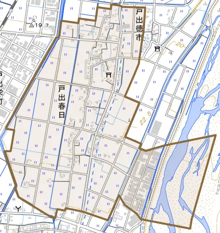 戸出春日とその周辺の地図。町の範囲を重ねている