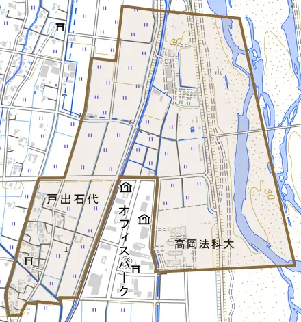 戸出石代とその周辺の地図。町の範囲を重ねている