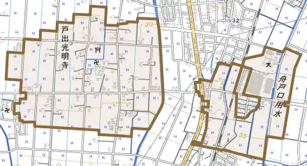 戸出光明寺とその周辺の地図。町の範囲を重ねている