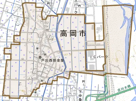 戸出西部金屋とその周辺の地図。町の範囲を重ねている