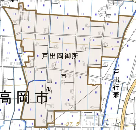 戸出岡御所とその周辺の地図。町の範囲を重ねている