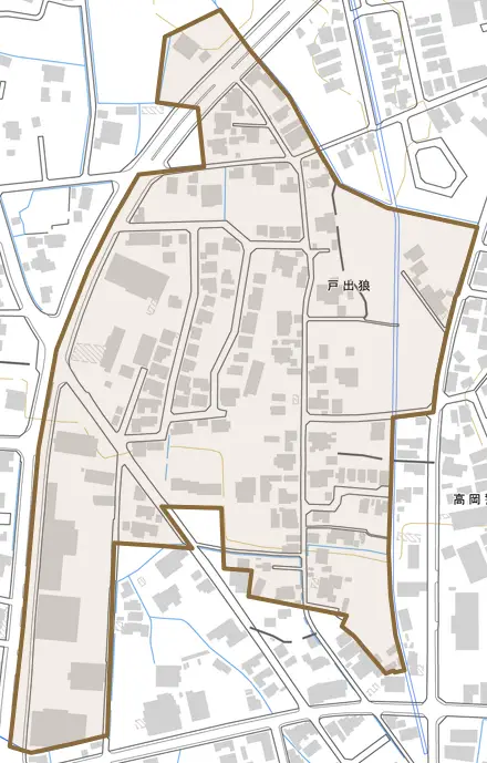 戸出狼とその周辺の地図。町の範囲を重ねている