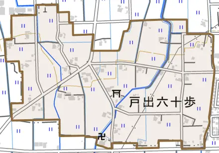 戸出六十歩とその周辺の地図。町の範囲を重ねている
