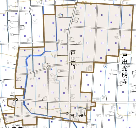 戸出竹とその周辺の地図。町の範囲を重ねている