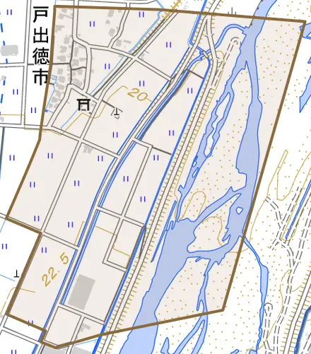 戸出徳市とその周辺の地図。町の範囲を重ねている