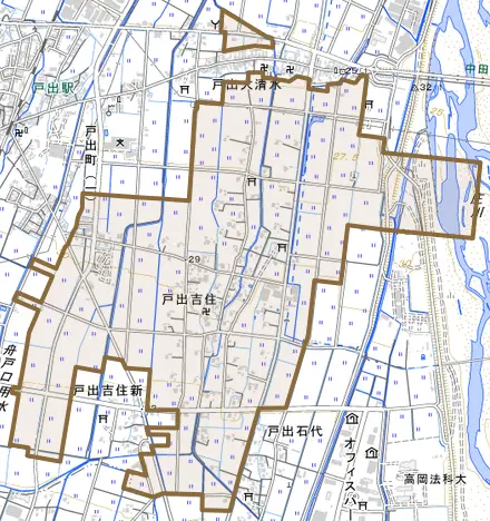 戸出吉住とその周辺の地図。町の範囲を重ねている