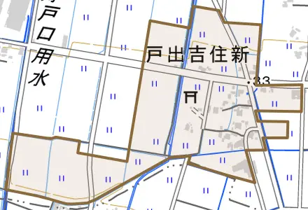 戸出吉住新とその周辺の地図。町の範囲を重ねている