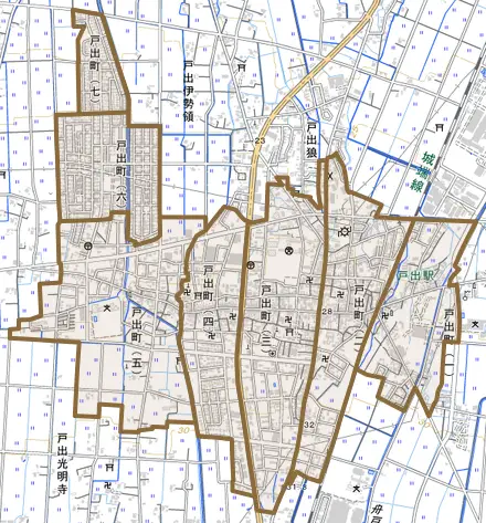 戸出町とその周辺の地図。町の範囲を重ねている