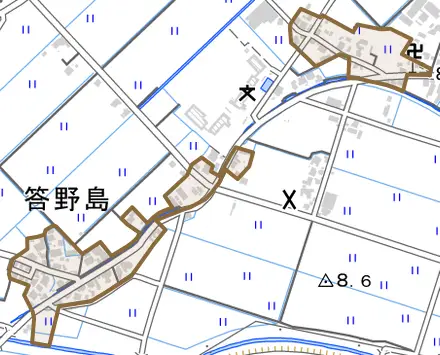 答野島とその周辺の地図。町の範囲を重ねている