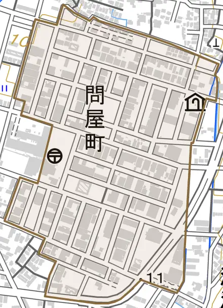 問屋町とその周辺の地図。町の範囲を重ねている