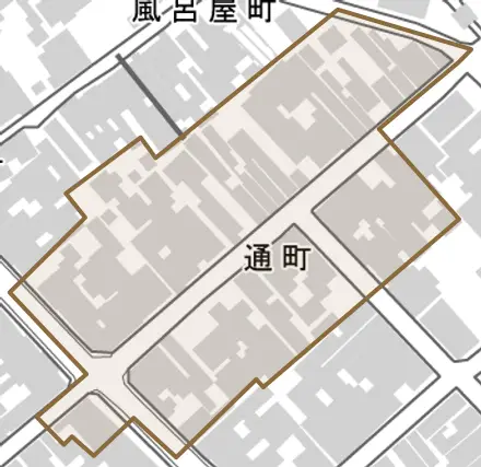 通町とその周辺の地図。町の範囲を重ねている