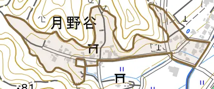 月野谷とその周辺の地図。町の範囲を重ねている