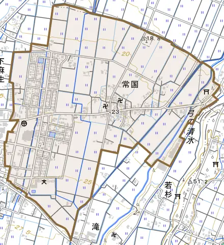 常国とその周辺の地図。町の範囲を重ねている