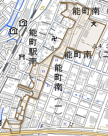 角三島とその周辺の地図。町の範囲を重ねている