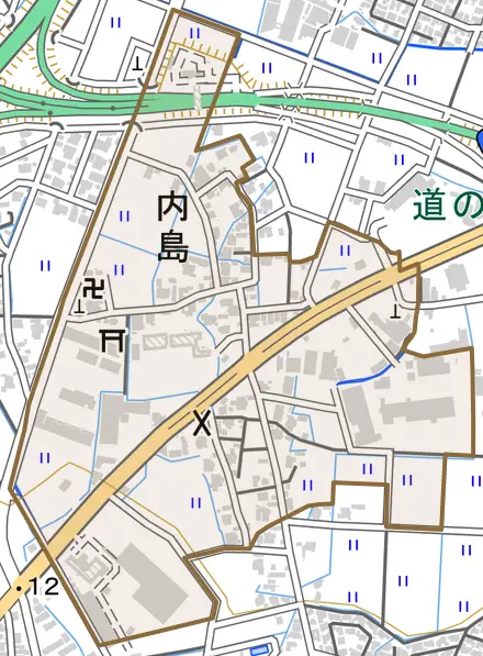 内島とその周辺の地図。町の範囲を重ねている
