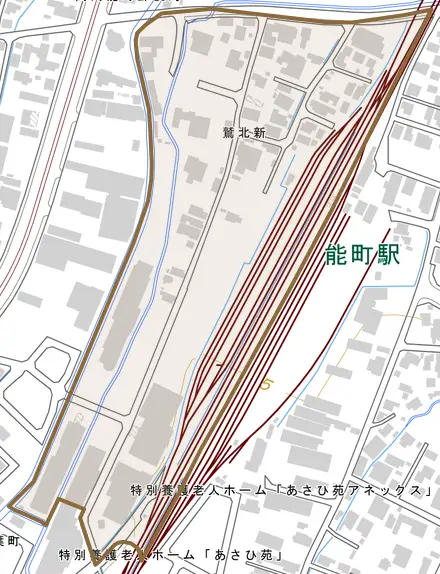 鷲北新とその周辺の地図。町の範囲を重ねている