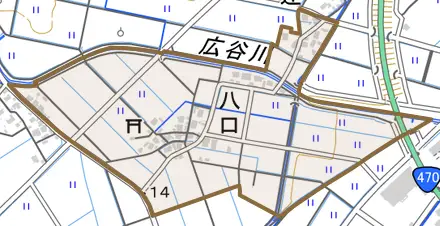 八口とその周辺の地図。町の範囲を重ねている