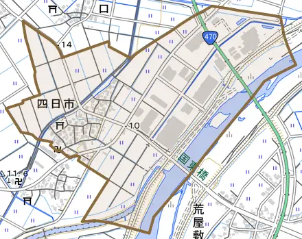 四日市とその周辺の地図。町の範囲を重ねている
