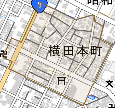 横田本町とその周辺の地図。町の範囲を重ねている