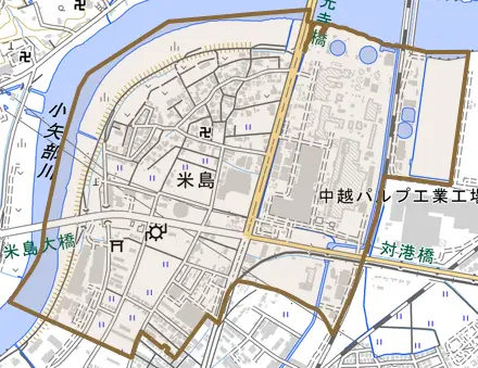 米島とその周辺の地図。町の範囲を重ねている