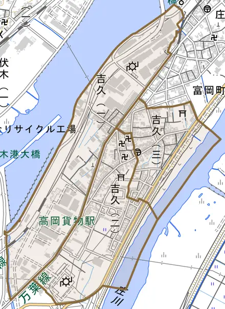 吉久とその周辺の地図。町の範囲を重ねている