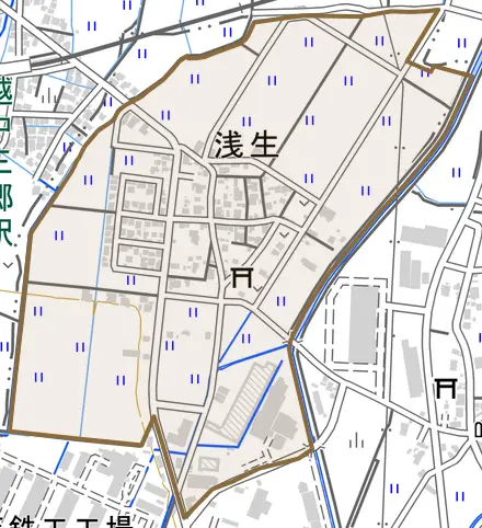浅生とその周辺の地図。町の範囲を重ねている