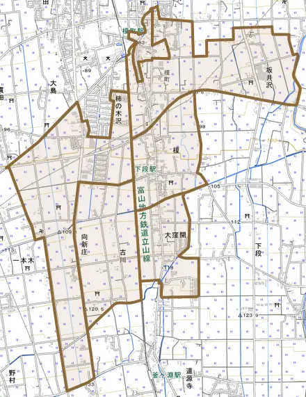 榎とその周辺の地図。町の範囲を重ねている