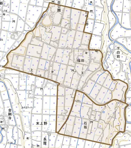 福田とその周辺の地図。町の範囲を重ねている
