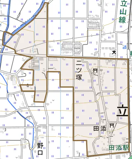 二ツ塚とその周辺の地図。町の範囲を重ねている