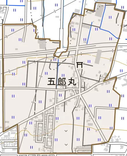 五郎丸とその周辺の地図。町の範囲を重ねている