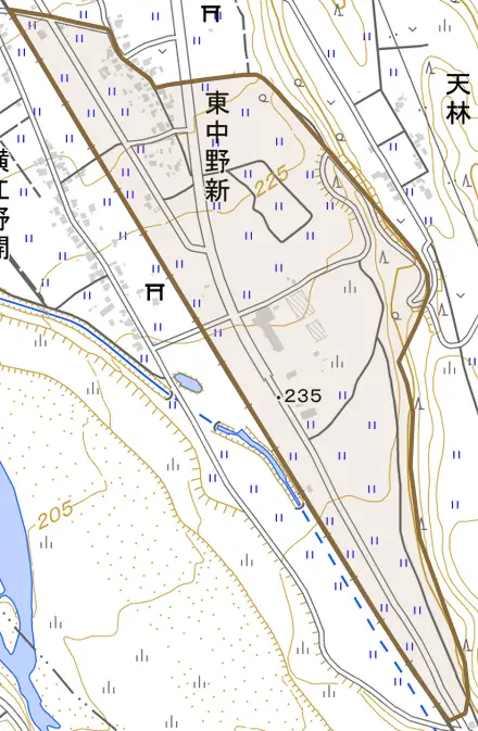 東中野新とその周辺の地図。町の範囲を重ねている