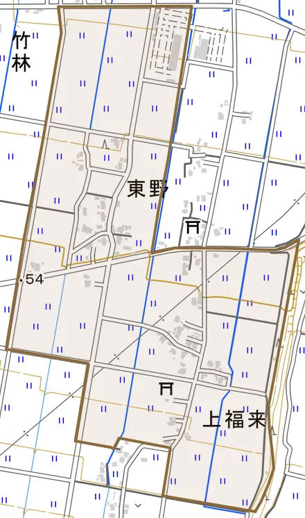 東野とその周辺の地図。町の範囲を重ねている