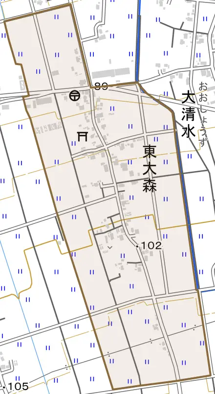 東大森とその周辺の地図。町の範囲を重ねている