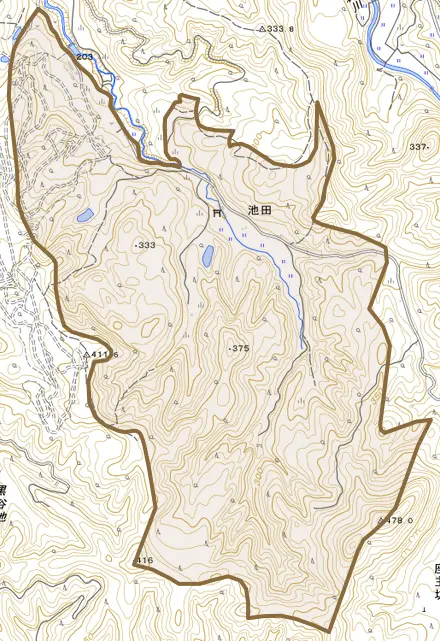 池田とその周辺の地図。町の範囲を重ねている
