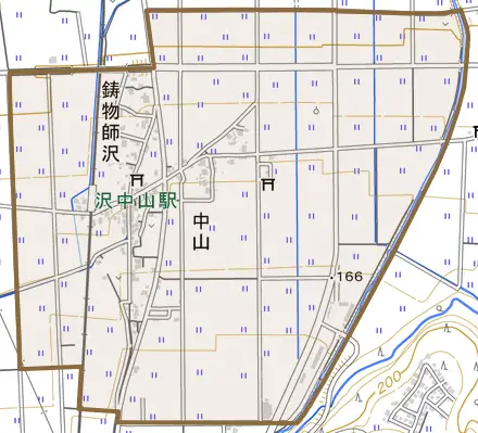 鋳物師沢とその周辺の地図。町の範囲を重ねている